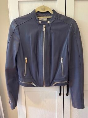 Lewit Lambskin Leather Moto Biker Crop Jacket in Grisaille size S